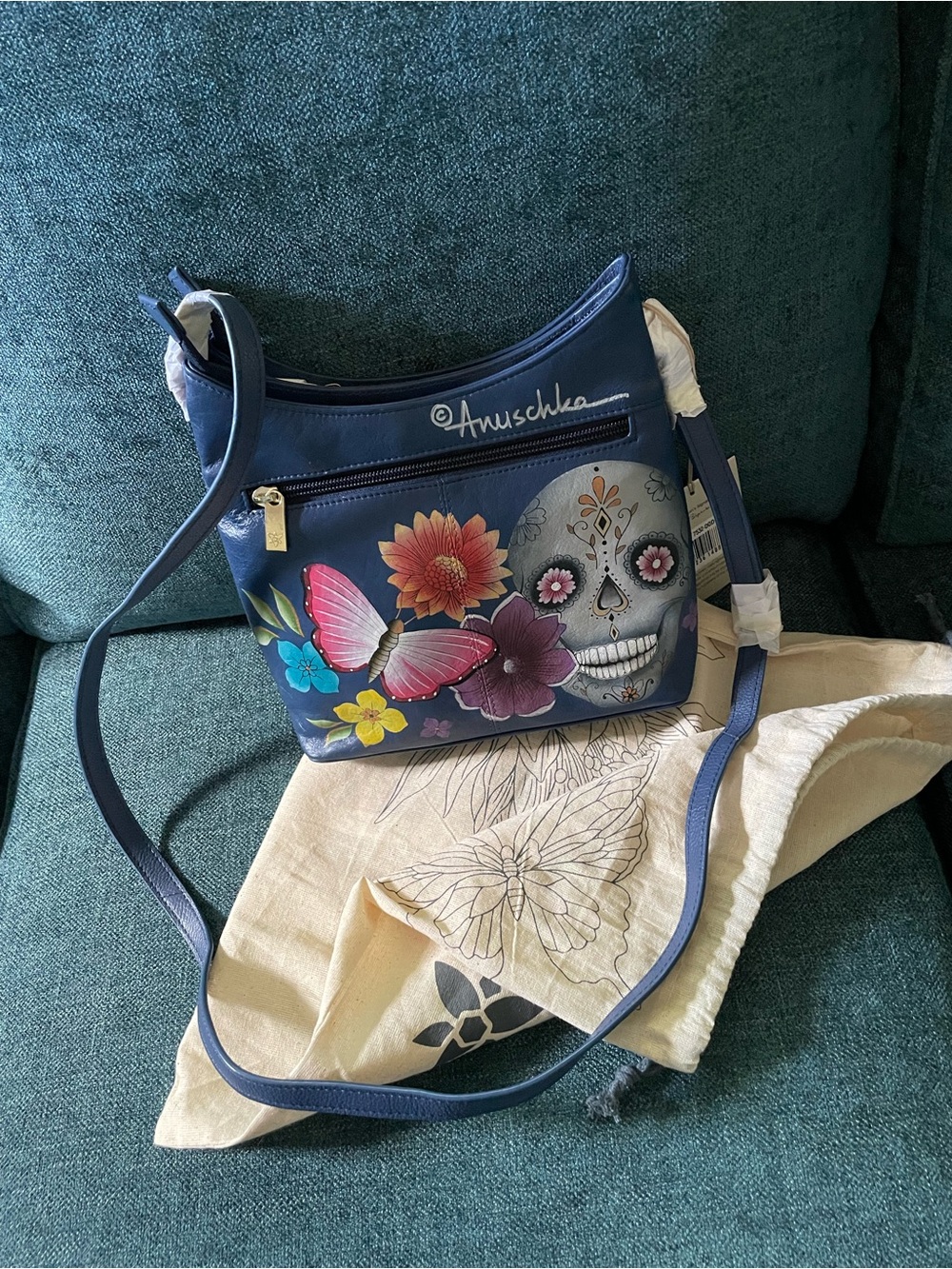 Anuschka Navy Crossbody with Colorful Floral & Sugar Skull Art